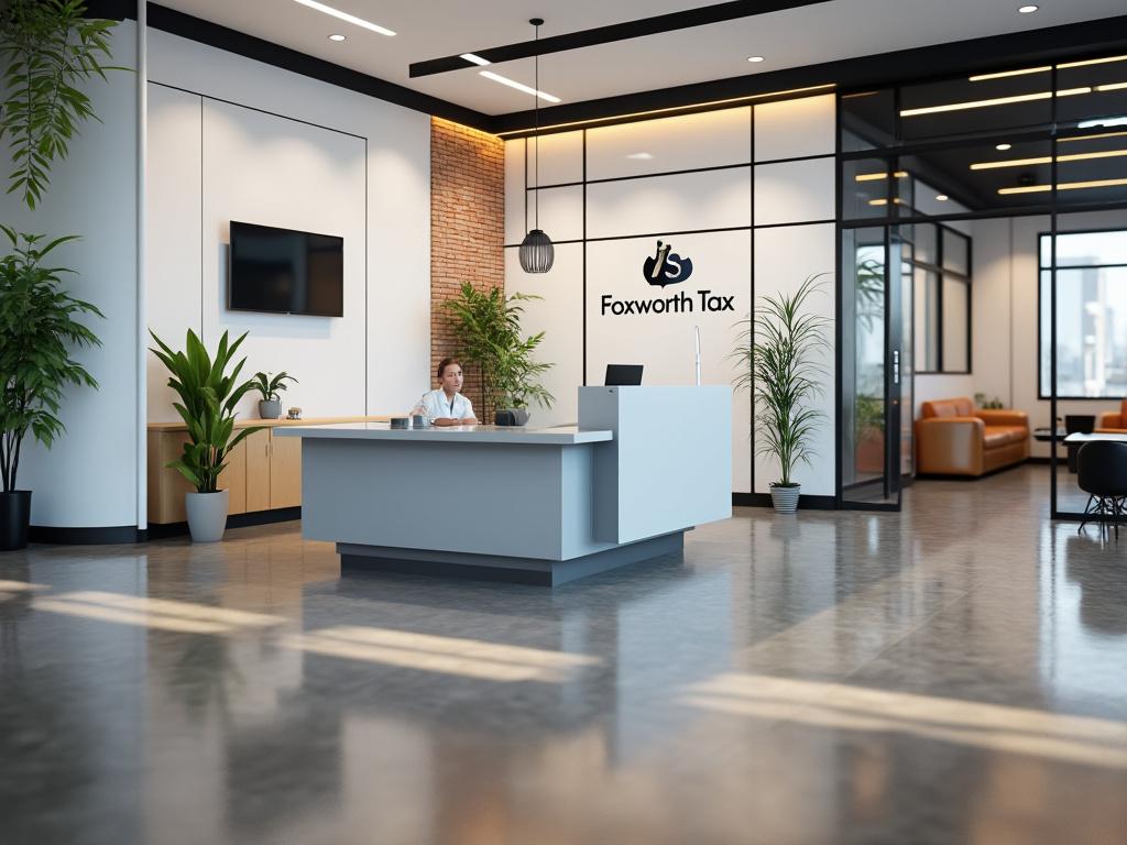 Modern office reception area of Foxworth Tax with desk, plants, and seating area.