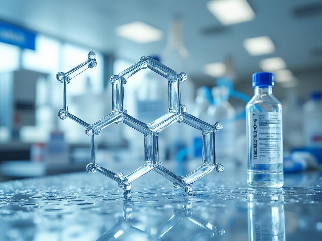 Modelo molecular de benceno en un laboratorio con frascos y equipamiento de fondo.