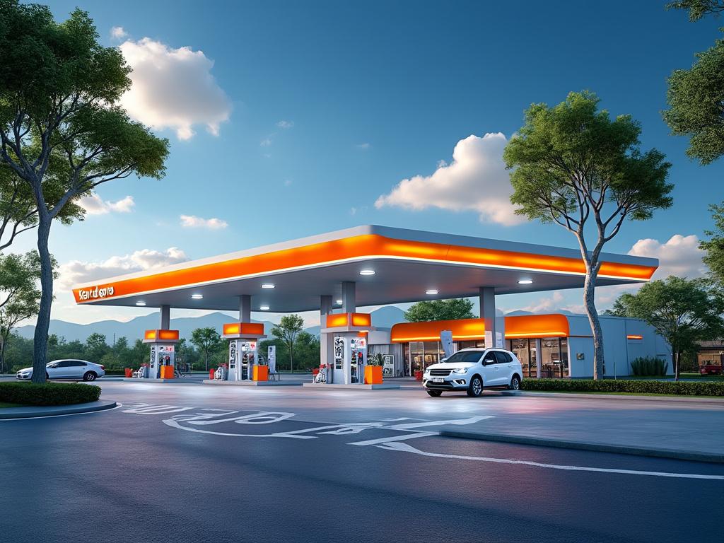 Estación de servicio moderna al atardecer con coches estacionados y árboles alrededor.