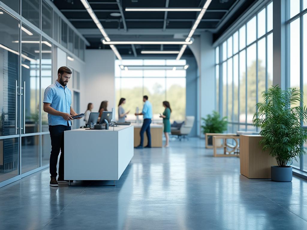 Oficina moderna con personas trabajando, plantas verdes y grandes ventanas.
