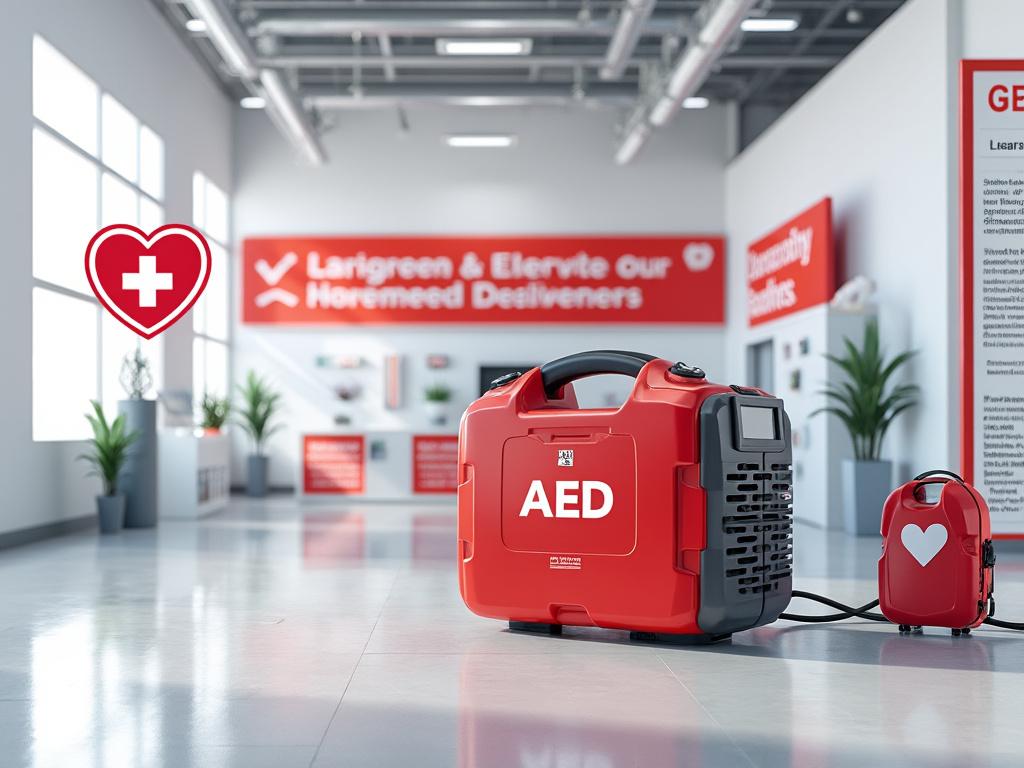 Red AED device on floor of modern medical facility with heart sign on wall.