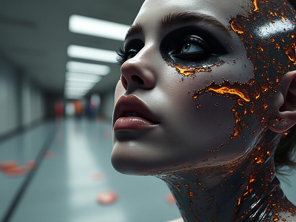 Futuristic woman with metallic and glowing orange patterns on face in a corridor.
