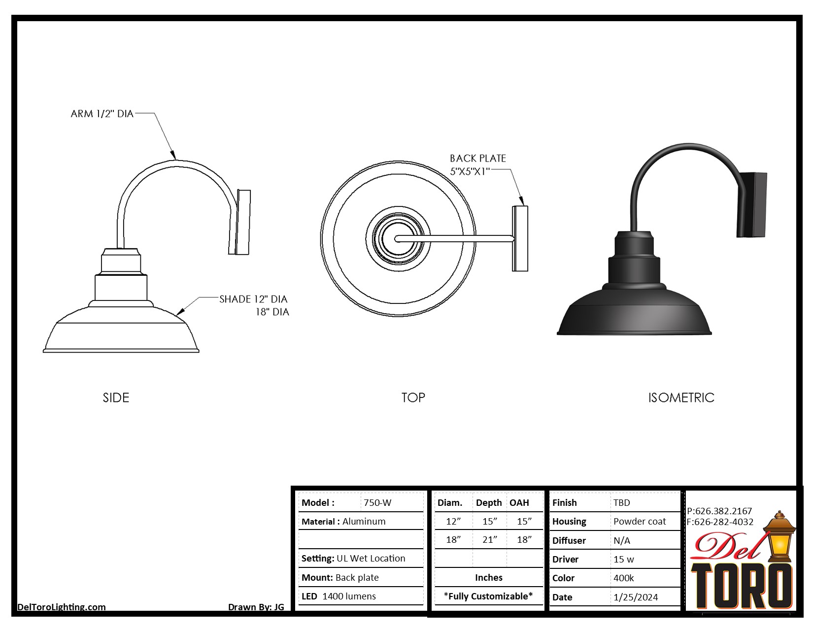 750W-Metal Shade Arm Mount