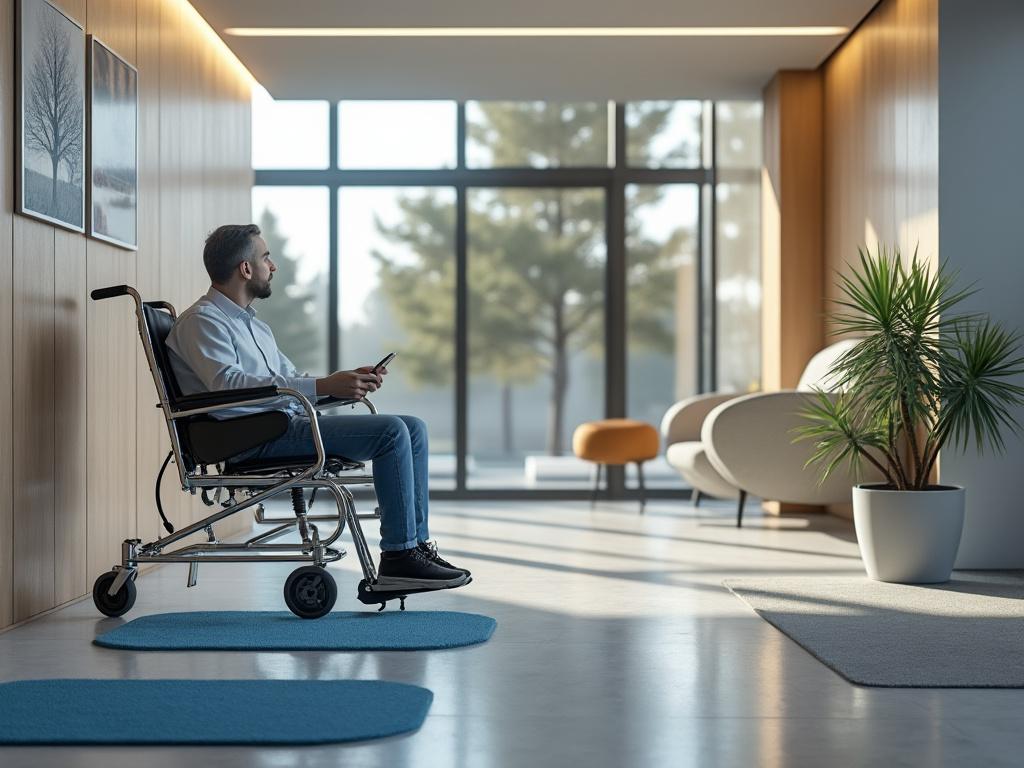 Hombre joven en silla de ruedas usando teléfono móvil en un moderno vestíbulo iluminado, con plantas en macetas y decoración minimalista.