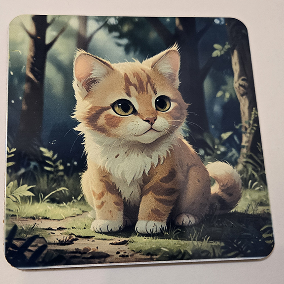 Square metal coaster with a kitten in woods design