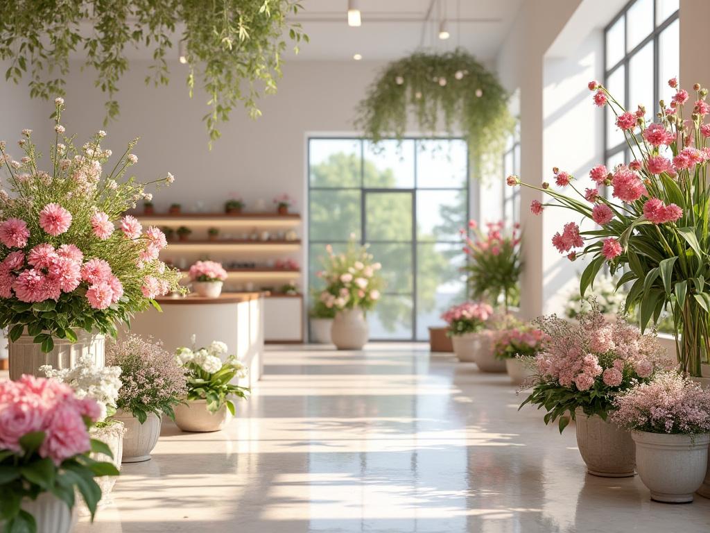 Interior de una tienda de flores con macetas de flores rosadas y blancas, luz natural iluminando el espacio. Interior de una tienda de flores con macetas de flores rosadas y blancas, luz natural iluminando el espacio.
