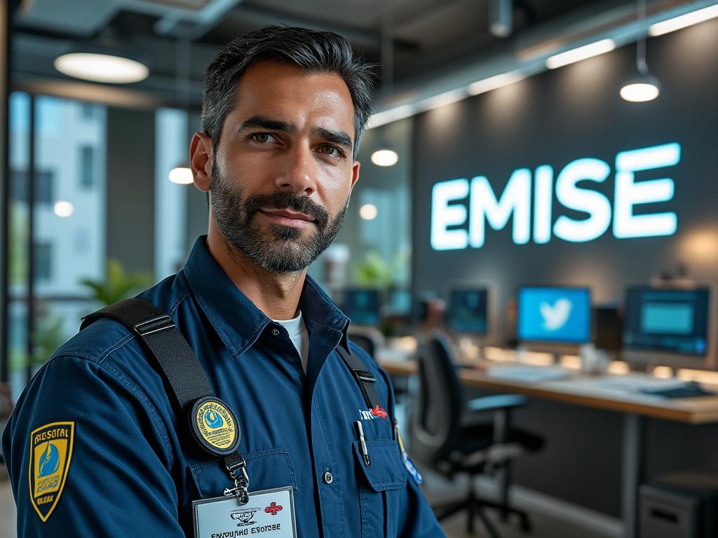 Hombre con uniforme de seguridad en oficina moderna con ordenadores y el cartel de EMSE luminoso al fondo.