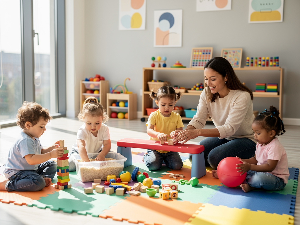 Maestra jugando con niños en guardería usando bloques y juguetes educativos en aula infantil luminosa