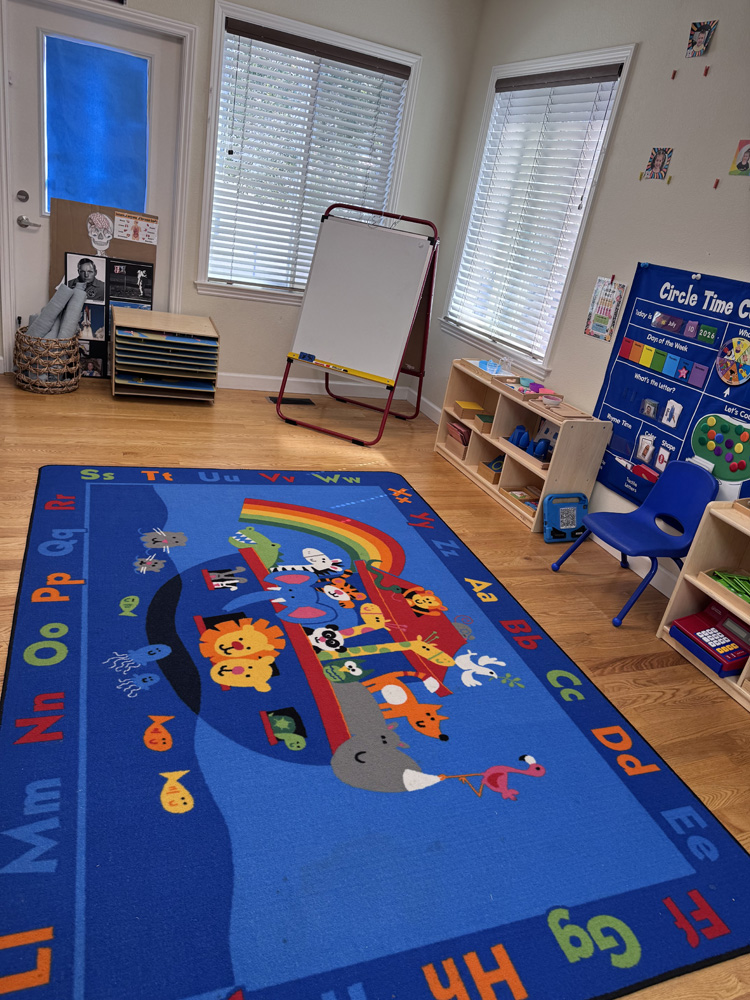 A classroom rug and white board