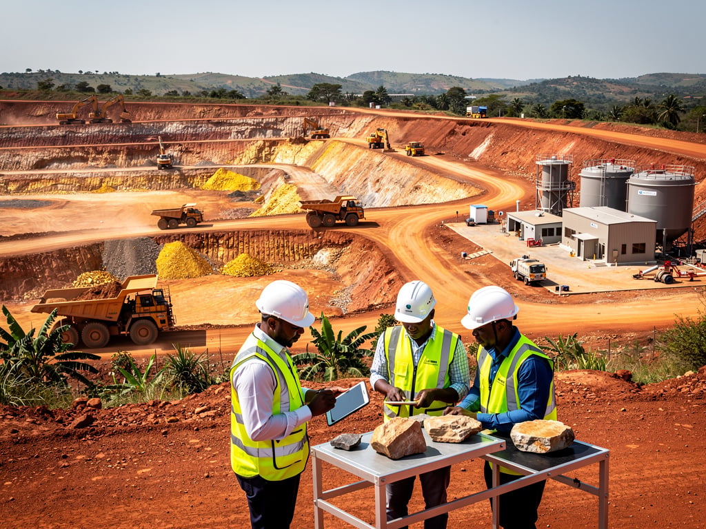 Mining engineers in safety gear inspecting rock samples at an open-pit mine with haul trucks and processing tanks