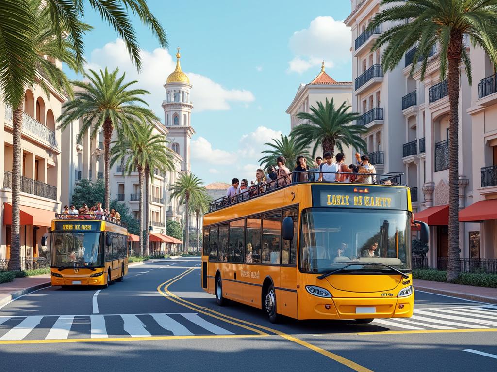 Autobuses turísticos amarillos descubiertos circulando por una ciudad con palmeras y edificios elegantes.