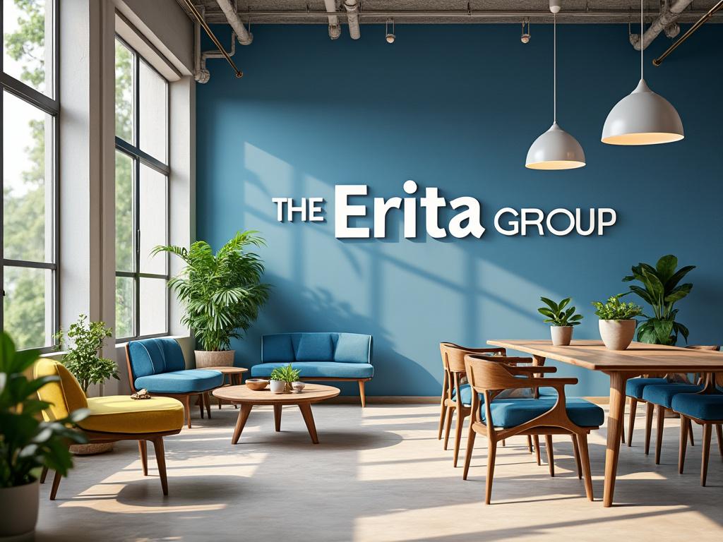 Modern office lounge with blue walls, stylish furniture, and indoor plants under natural light.