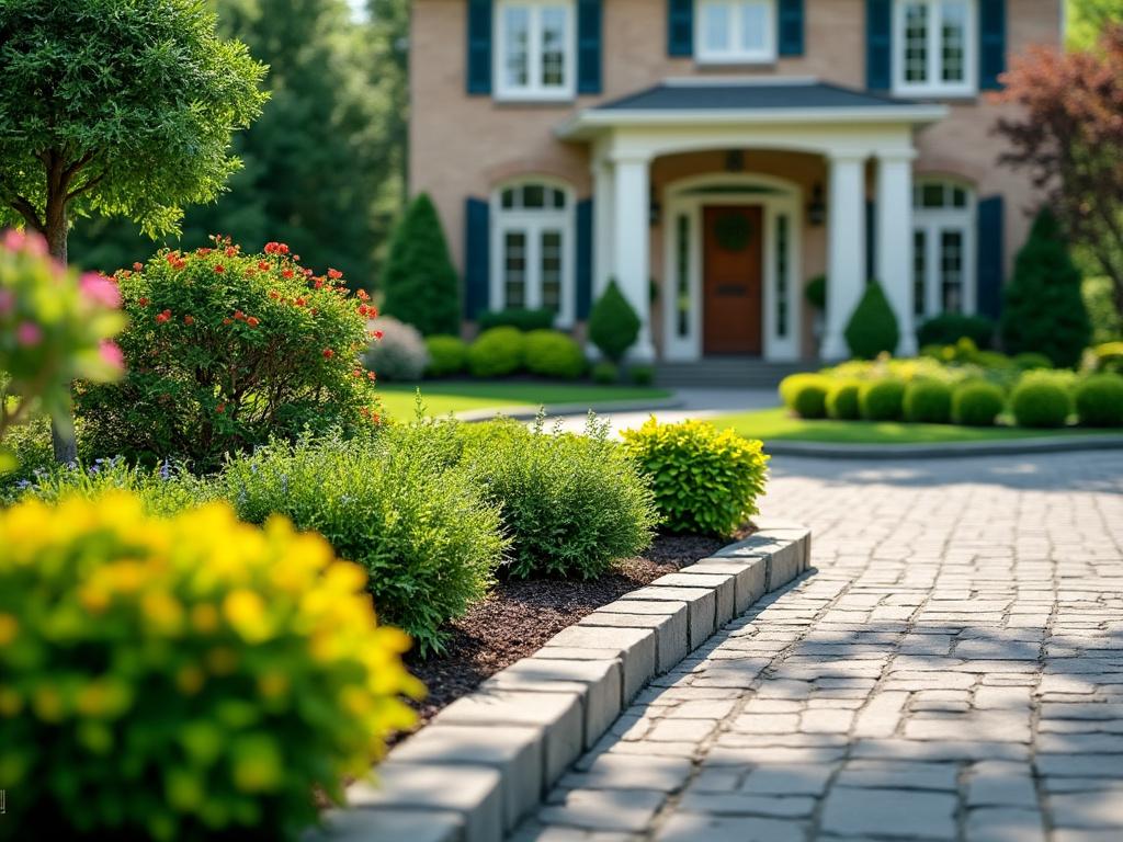 Jardim bem cuidado com arbustos floridos em frente a uma casa elegante com fachada de tijolos e colunas brancas.
