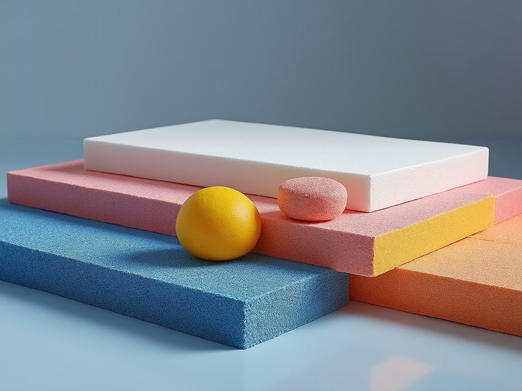 Superficies de espuma de colores apiladas con esferas sobre un fondo gris. Superficies de espuma de colores apiladas con esferas sobre un fondo gris.