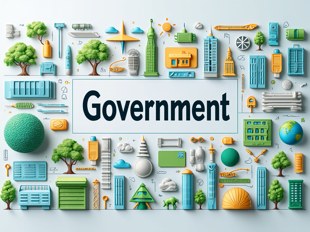 Composición creativa con la palabra 'Government' rodeada de iconos y elementos arquitectónicos en colores verde, azul y naranja, representando temas de ecología y urbanismo.