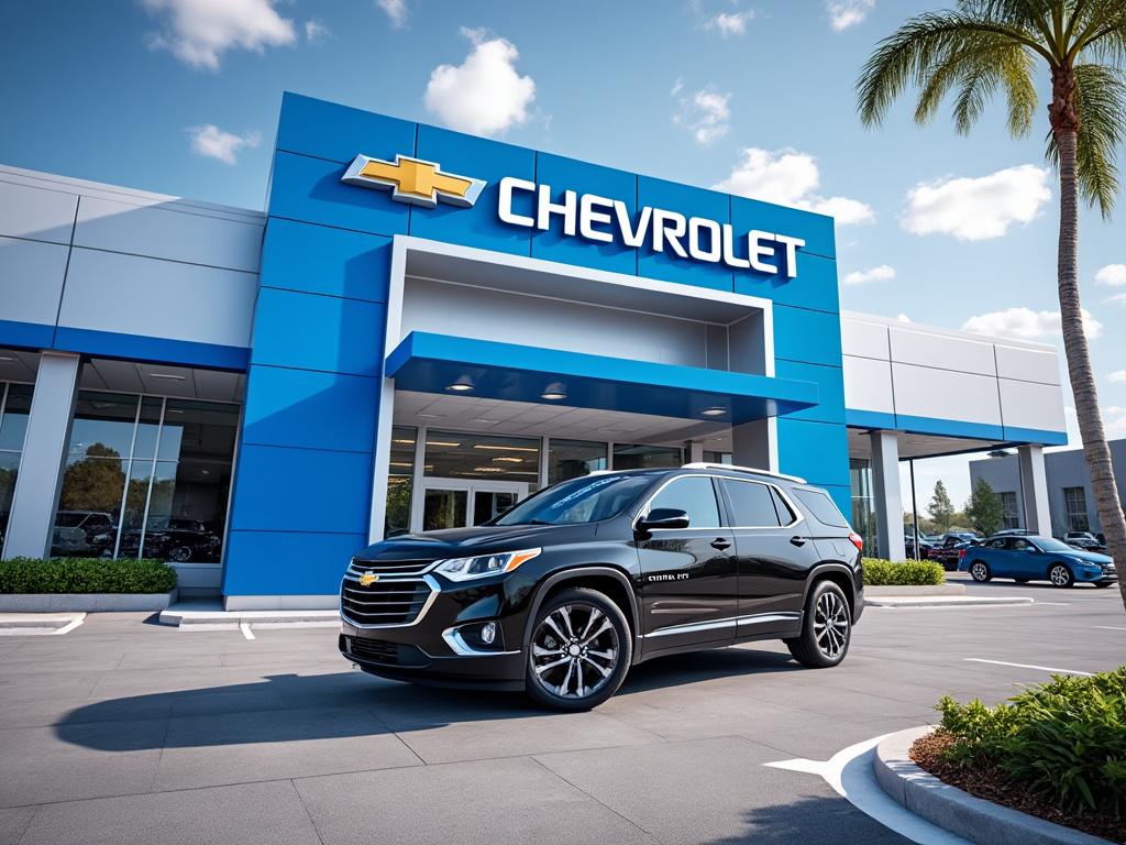 Concesionario de automóviles Chevrolet con un SUV negro estacionado al frente, rodeado de palmeras y cielo azul.