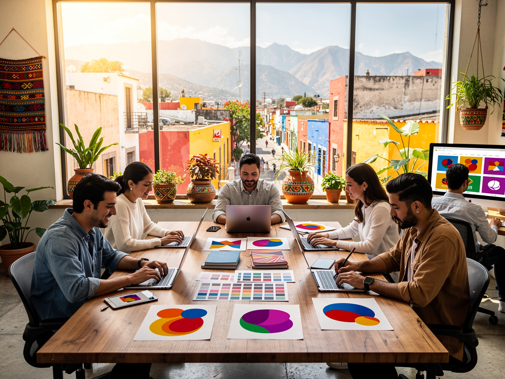 Equipo creativo trabajando en diseño gráfico en oficina moderna con vista a calles coloridas y montañas