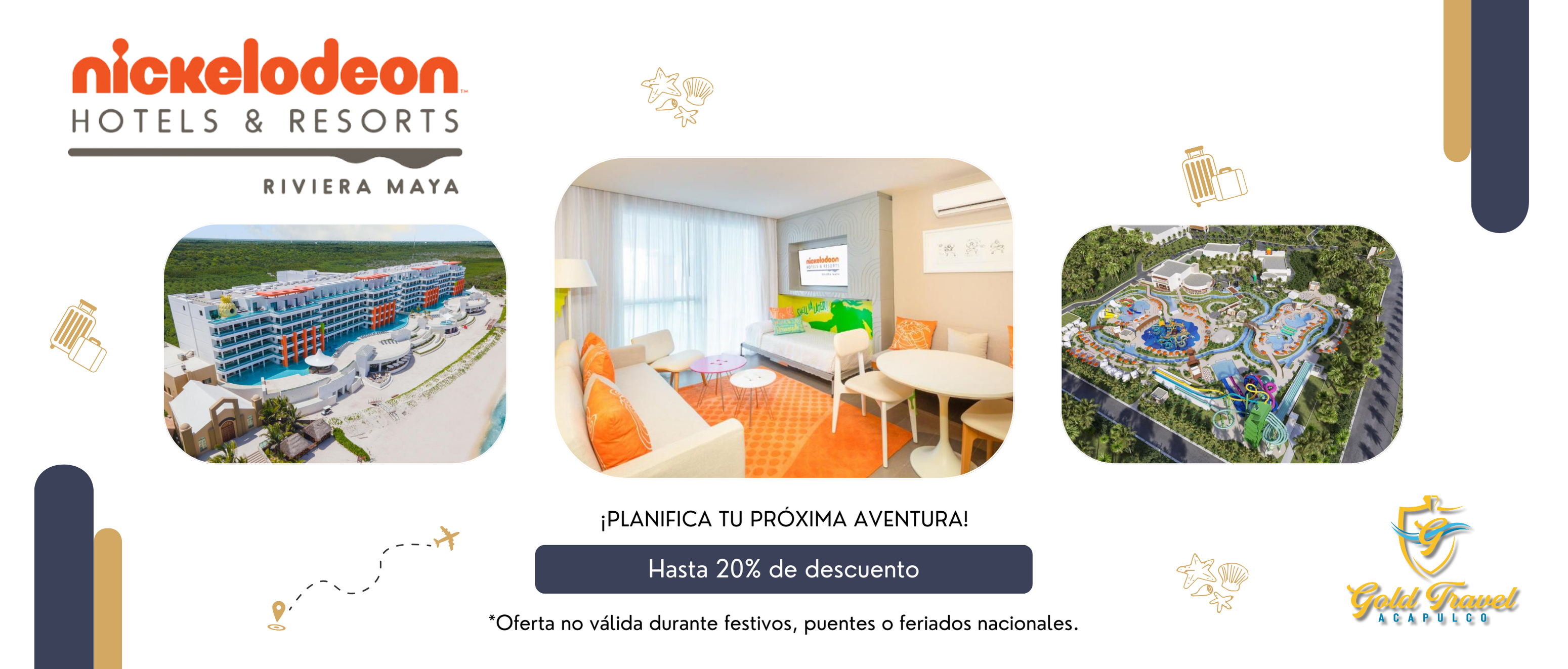 Promoción de Nickelodeon Hotels & Resorts Riviera Maya con imágenes del resort, habitación y parque acuático, ofreciendo hasta un 20% de descuento.