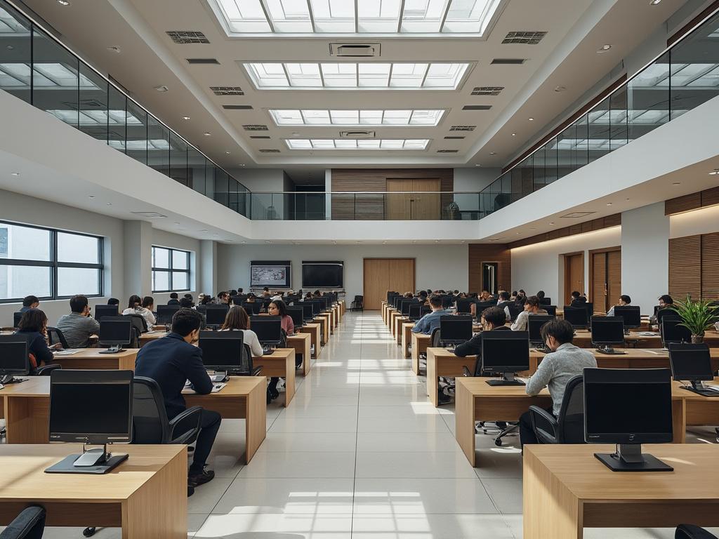 Oficina moderna con trabajadores en escritorios frente a computadoras, ambiente iluminado y espacioso.