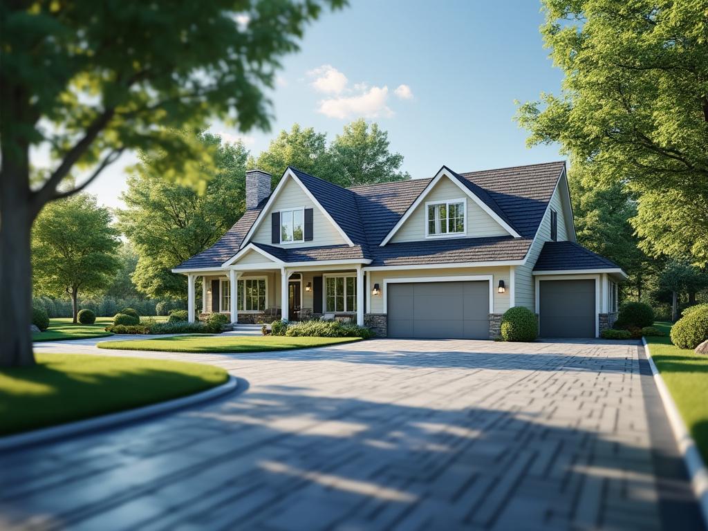 Casa moderna con techo a dos aguas, amplio jardín y entrada pavimentada, rodeada de árboles verdes bajo un cielo despejado.