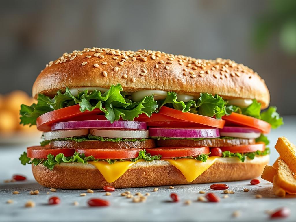 Un delicioso sándwich con lechuga, tomate, cebolla, queso y pan con semillas de sésamo, acompañado de papas fritas.