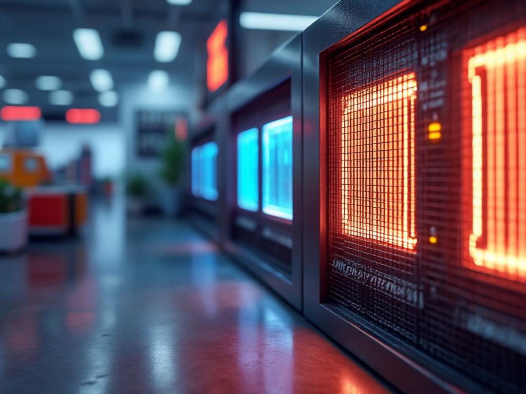 Close-up of illuminated LED screens in a modern data center.
