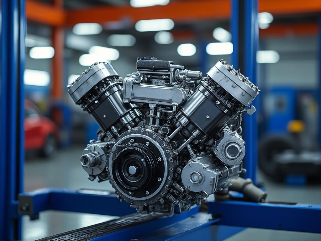 Motor de automóvil V8 montado en un taller mecánico con fondo desenfocado. Motor de automóvil V8 montado en un taller mecánico con fondo desenfocado.