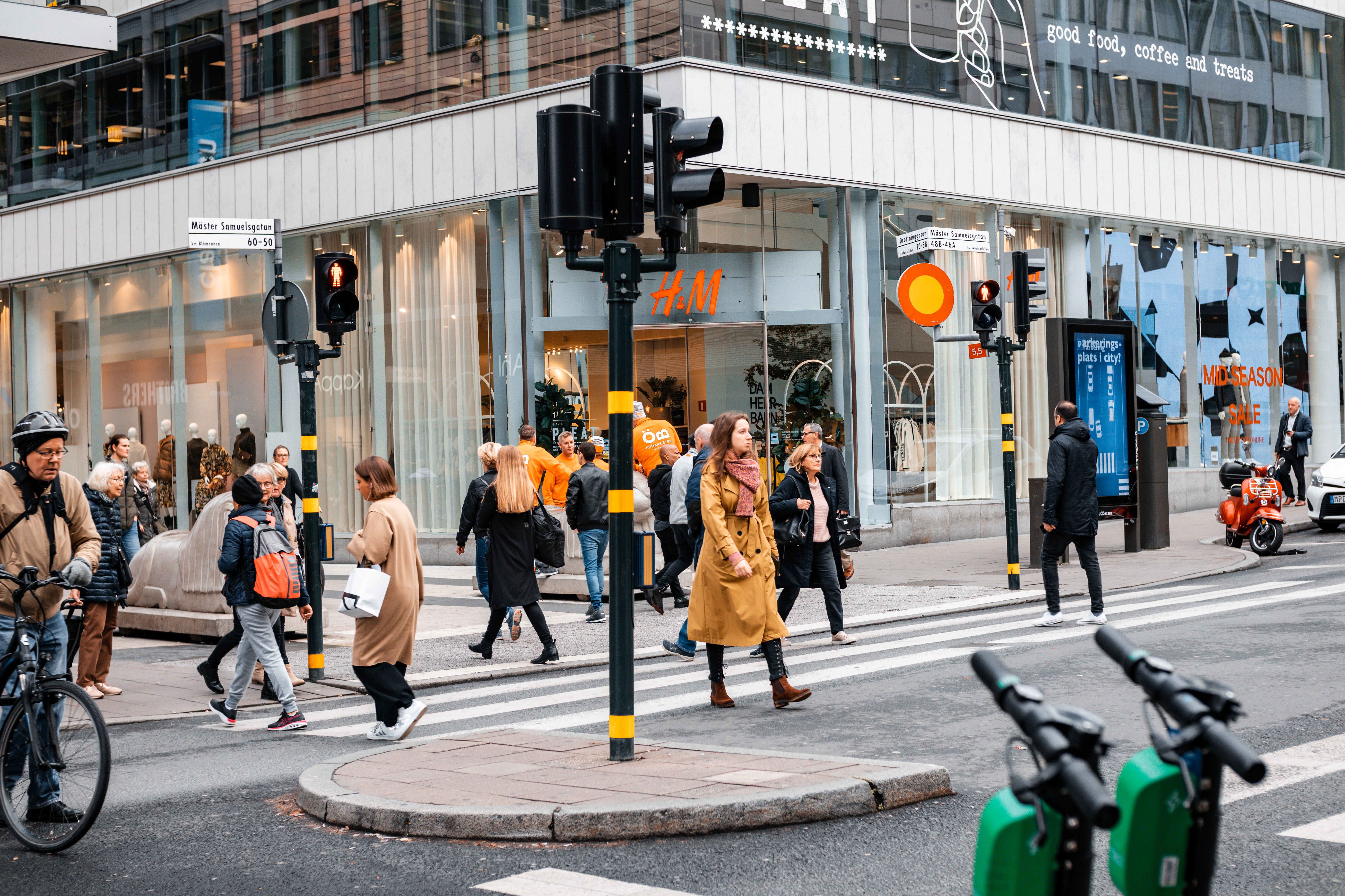 Pedestrians crossing a busy road