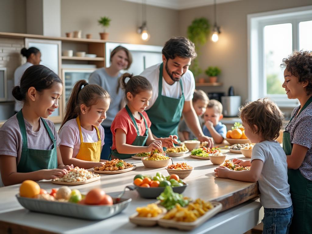 Group of children and adults cooking together in a kitchen, preparing colorful dishes, with fresh fruits and vegetables on the table.