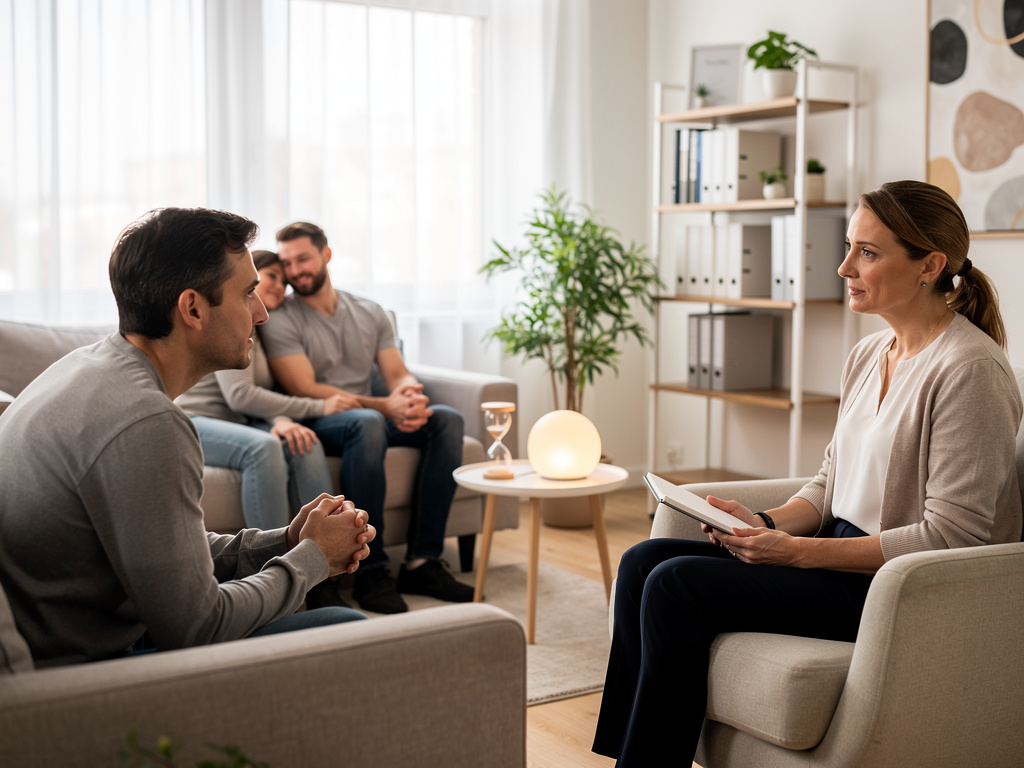 Sesión de terapia de pareja y familiar en consultorio moderno con psicóloga tomando notas