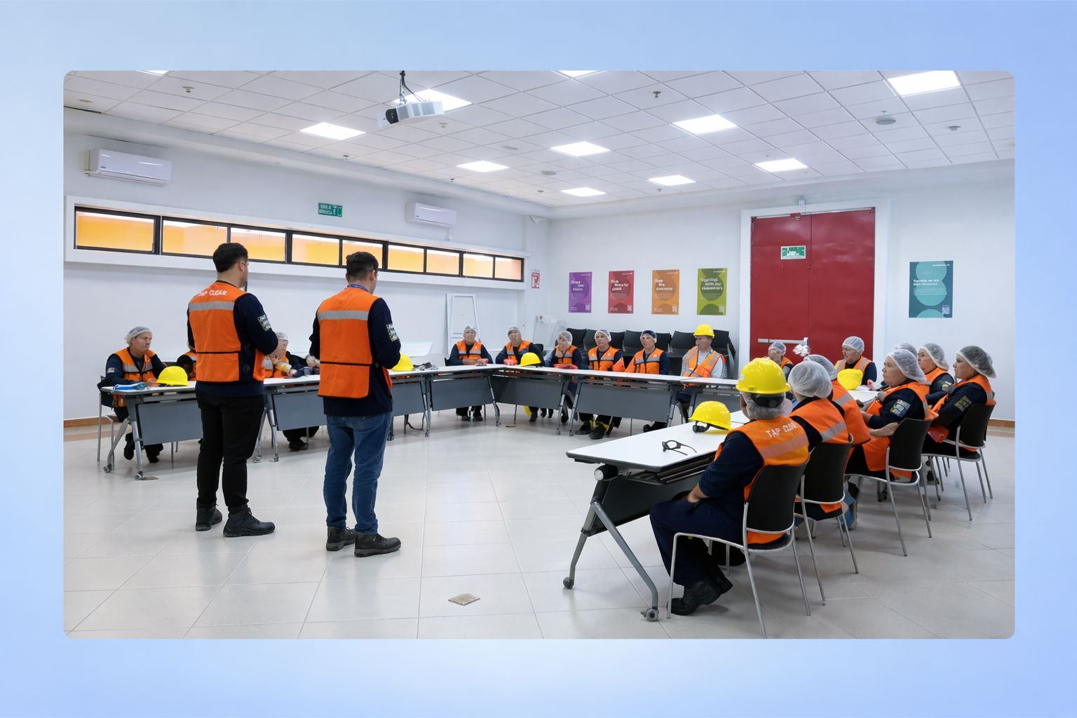 Reunión de trabajadores con chalecos naranjas y cascos amarillos en una sala de conferencias.
