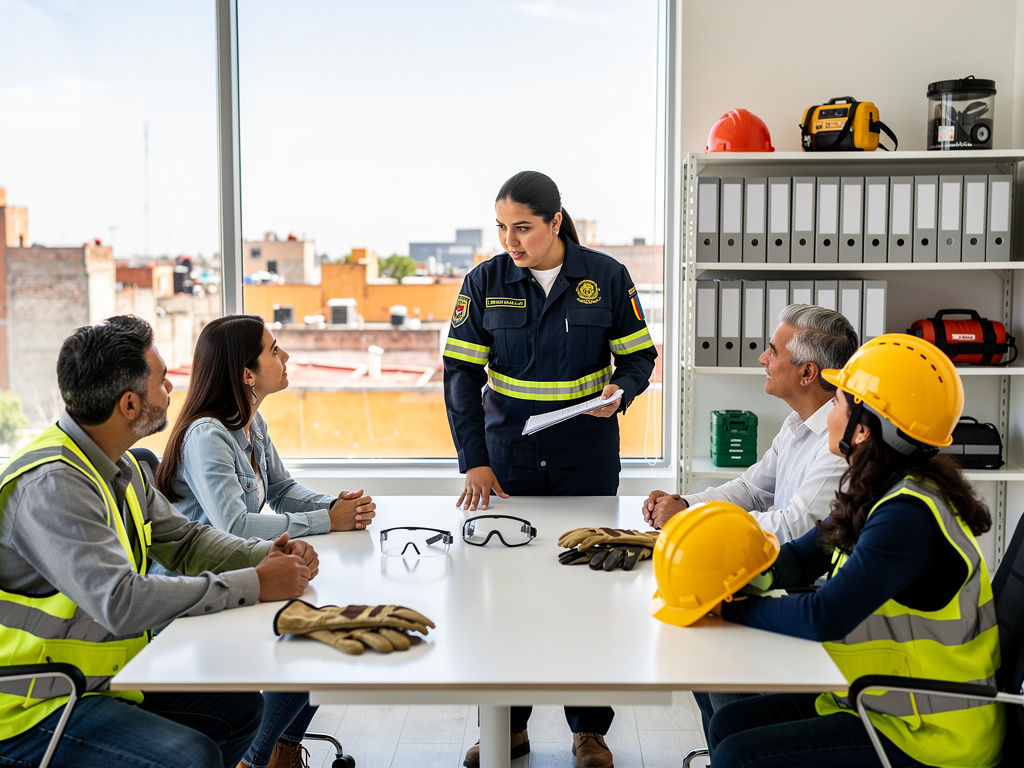 Reunión de seguridad laboral con bombera explicando protocolos a trabajadores con cascos, chalecos y equipo de protección