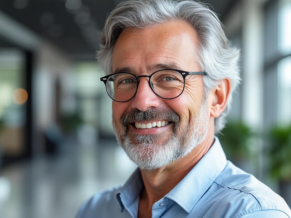 Smiling mature man with gray hair and glasses wearing a blue shirt in a bright office environment.