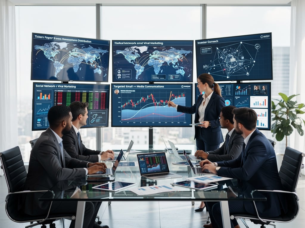 Business team analyzing global marketing analytics and financial dashboards in a modern conference room