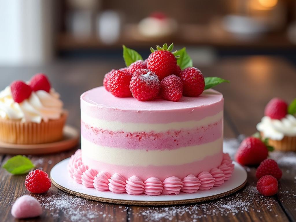 Pastel de frambuesa rosa con decoraciones de crema y frutas, sobre mesa de madera.