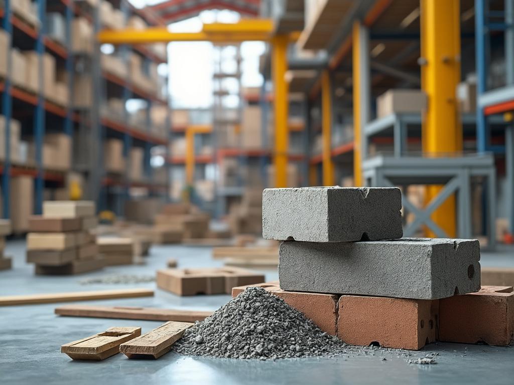 Pila de ladrillos y arena en un almacén industrial con estantes llenos de cajas al fondo.