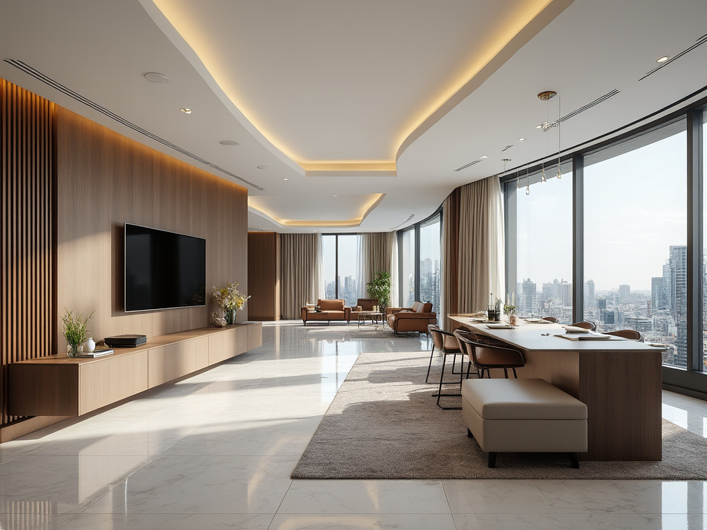 Sala de estar moderna y luminosa con sofá, televisión de pantalla plana, mesa de comedor y grandes ventanas con vista a la ciudad.
