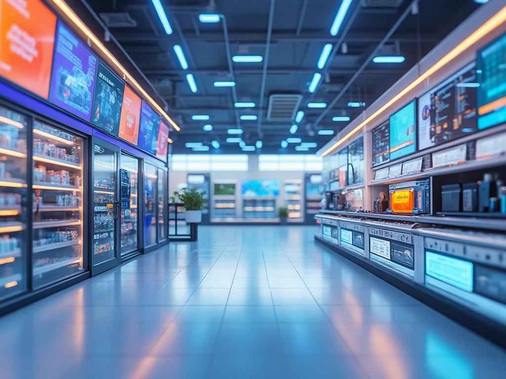 Interior de un supermercado moderno con estanterías iluminadas y pantallas digitales.
