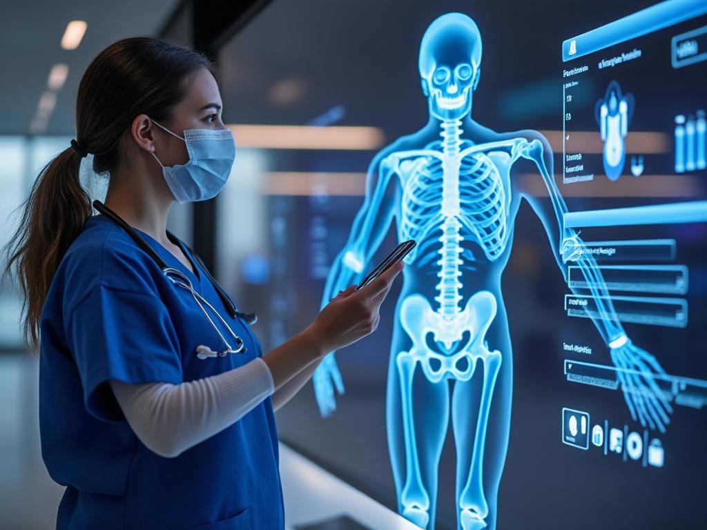 Enfermera con mascarilla interactuando con pantalla digital de esqueleto humano.