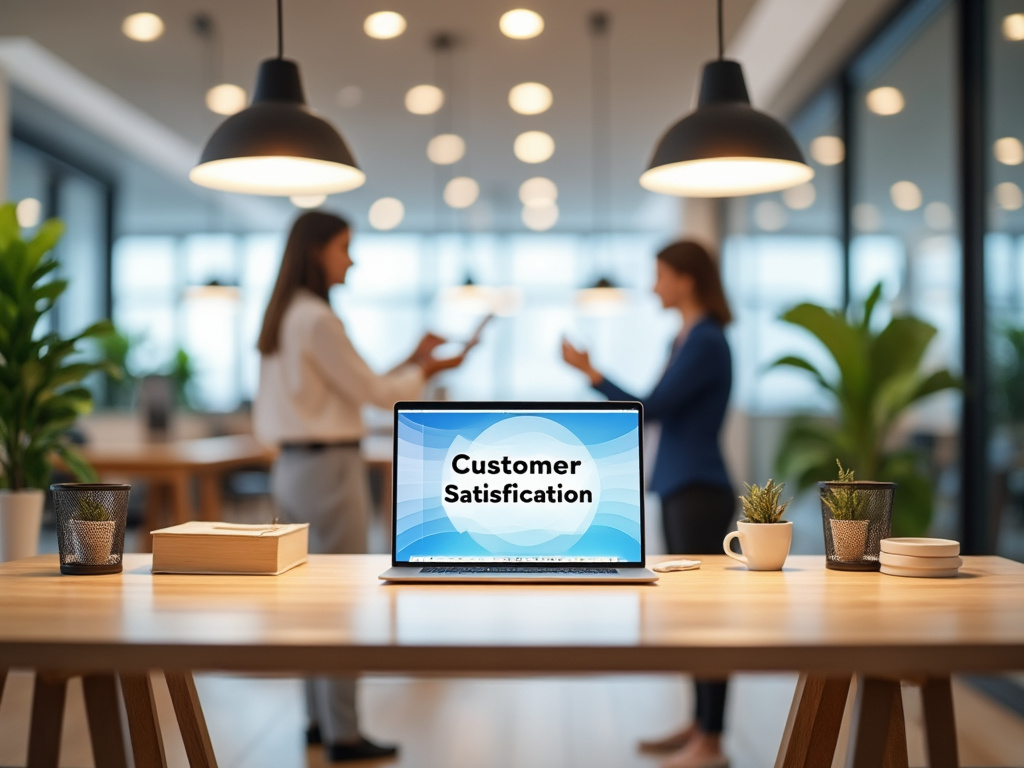 Portátil con pantalla que muestra 'Customer Satisfaction' en un entorno de oficina moderna con dos personas conversando al fondo.