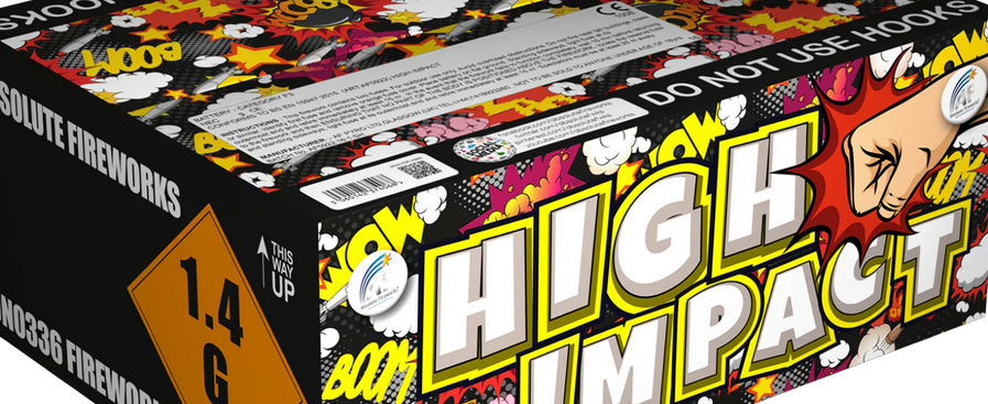 HIGH IMPACT - High Impact packs six display quality cakes into one compound firework, with each cake being connected together at the factory.  £150.