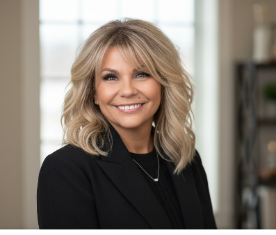 Smiling woman with blonde hair wearing a black blazer, standing indoors with natural light from a window.
