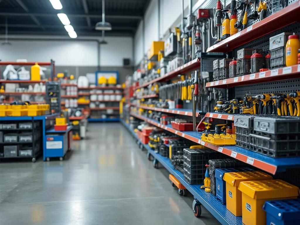 Pasillo de tienda de herramientas con estantes llenos de taladros, cajas de herramientas y otros equipos de ferretería organizados.