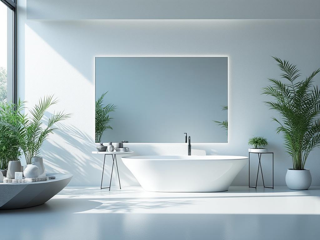 Moderno cuarto de baño con bañera blanca, plantas verdes y un gran espejo enmarcado, iluminado por luz natural.