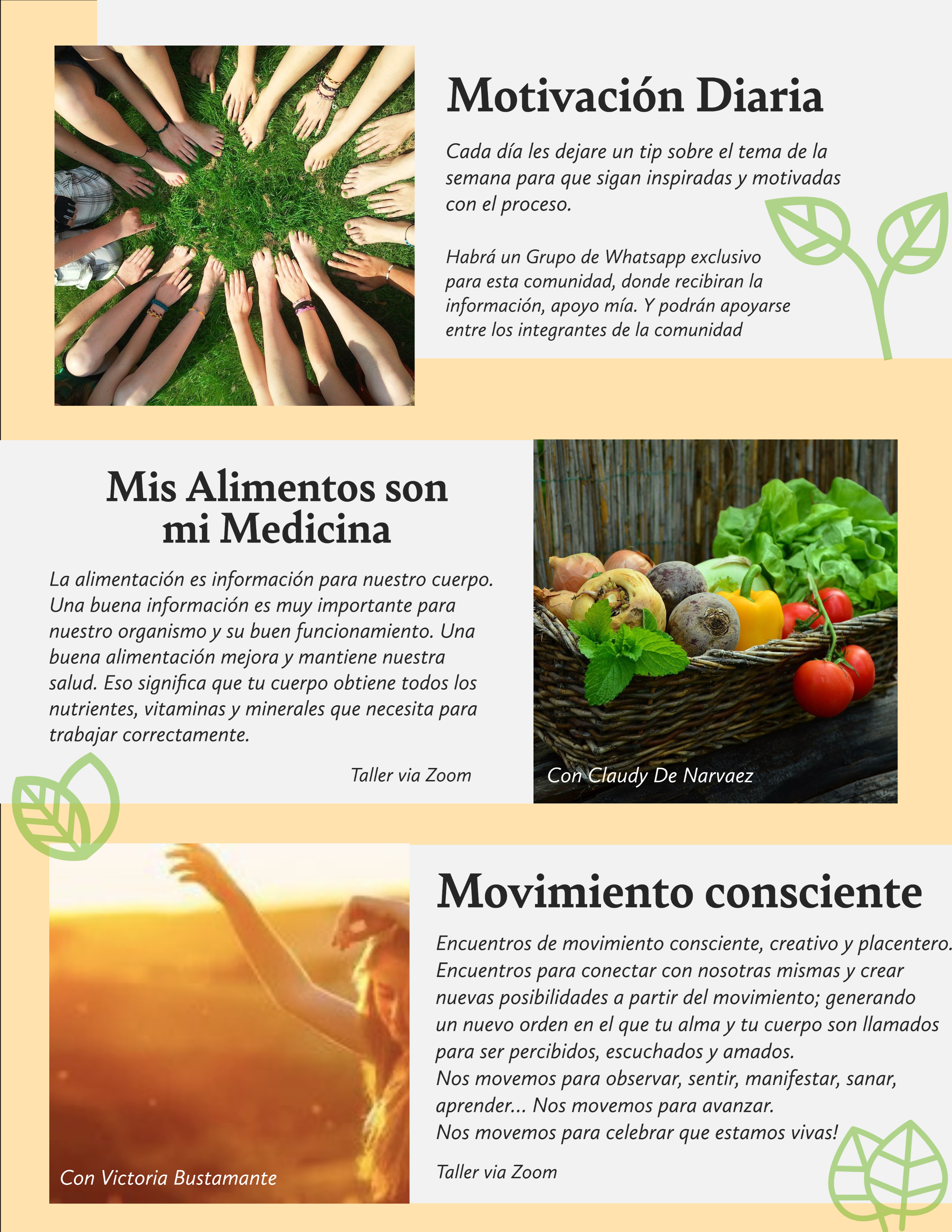 Programa 4 semanas 
Motivación diaria
Taller Mis alimentos son mi medicina
Taller Movimiento consciente