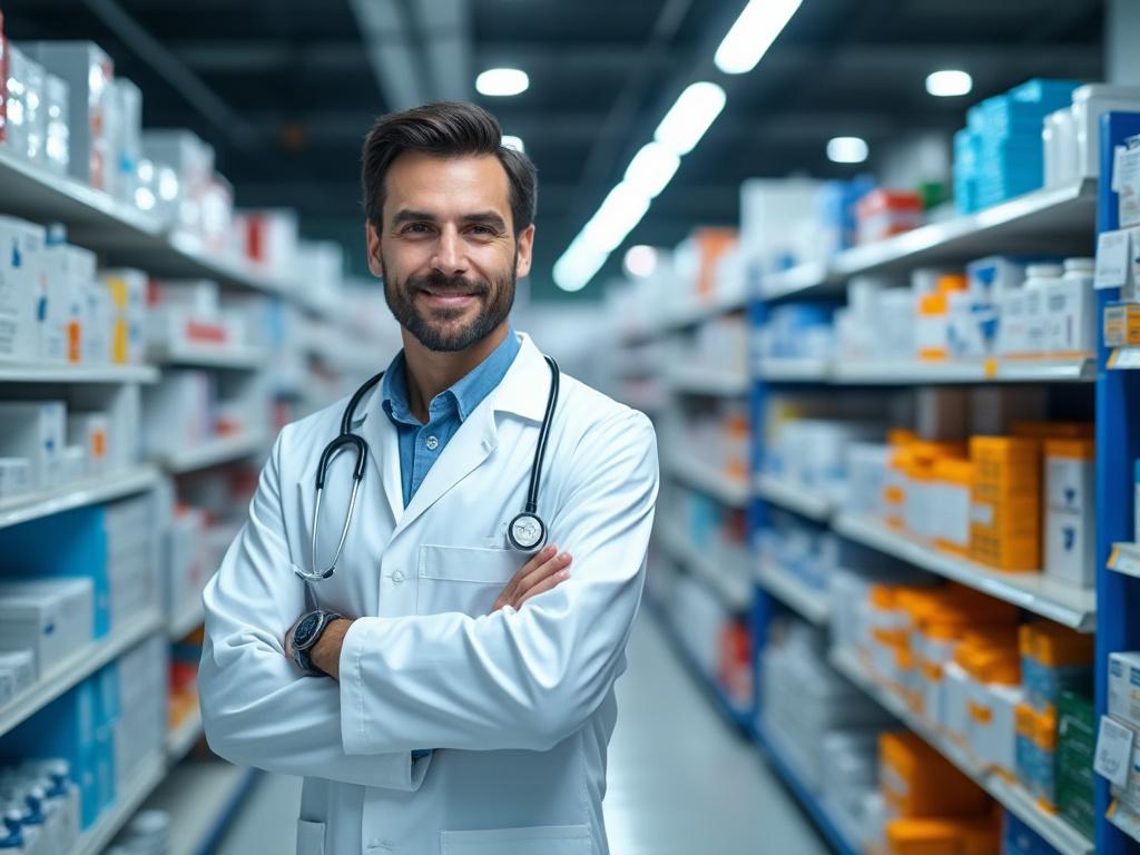 Médico sonriente con bata blanca y estetoscopio en una farmacia.