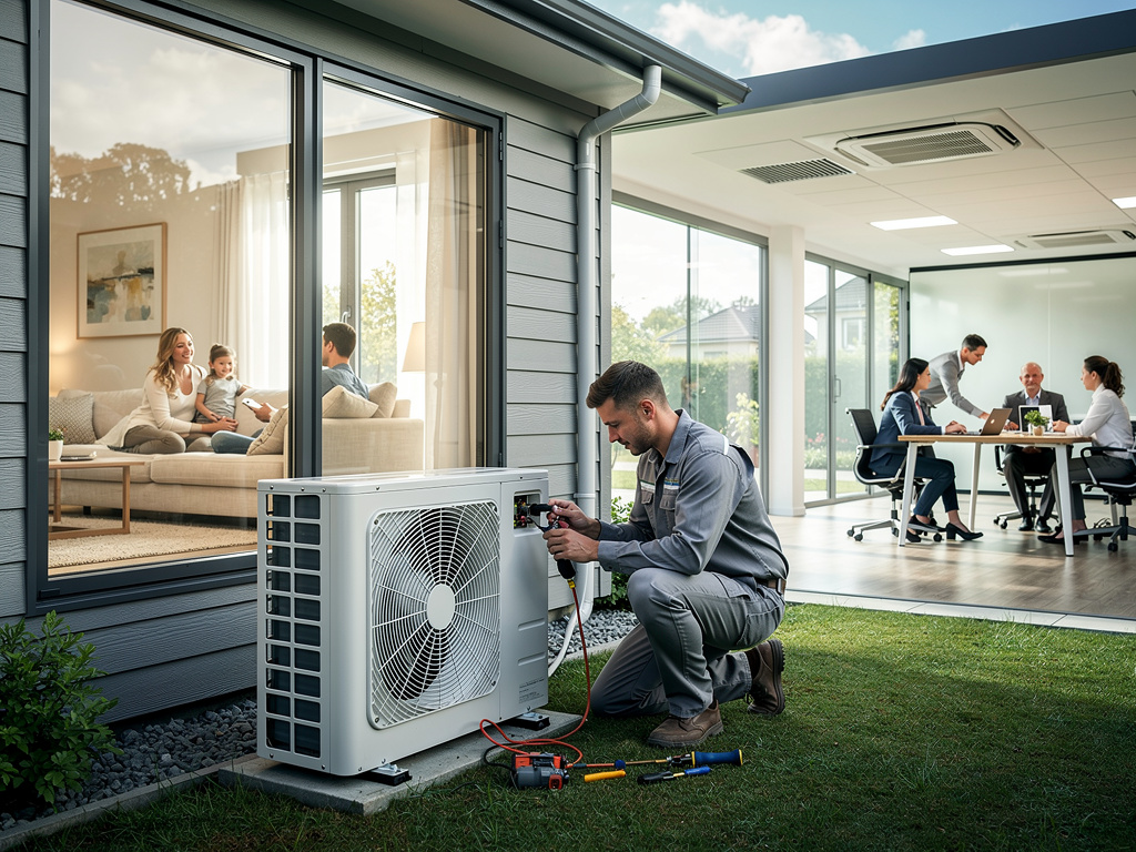 Técnico instalando unidad exterior de aire acondicionado en vivienda moderna con familia y oficina al fondo