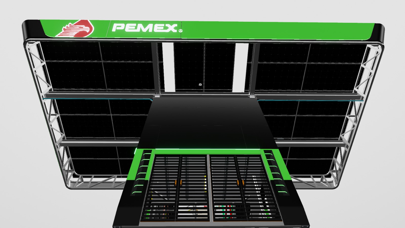 Pequeñas estructuras modernas iluminadas al atardecer con montañas y nubes de fondo, rodeadas de vegetación y rocas. Pequeñas estructuras modernas iluminadas al atardecer con montañas y nubes de fondo, rodeadas de vegetación y rocas.