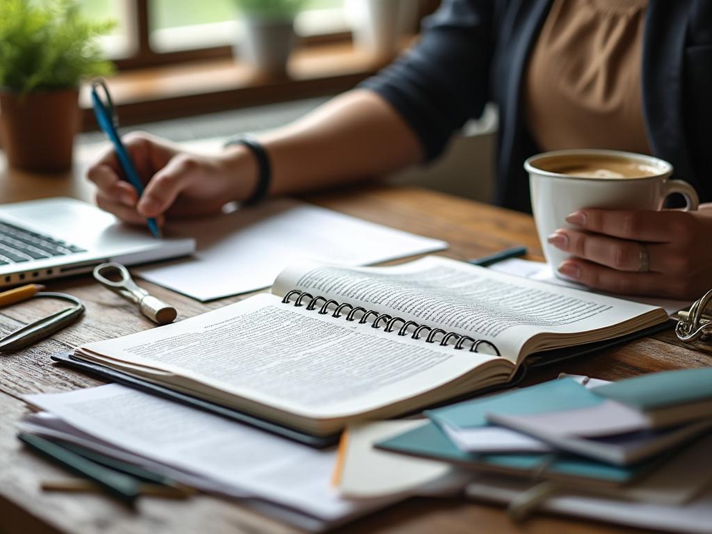 Person writing notes with an open book and laptop on a wooden desk, holding a coffee cup in a cozy workspace. Person writing notes with an open book and laptop on a wooden desk, holding a coffee cup in a cozy workspace.