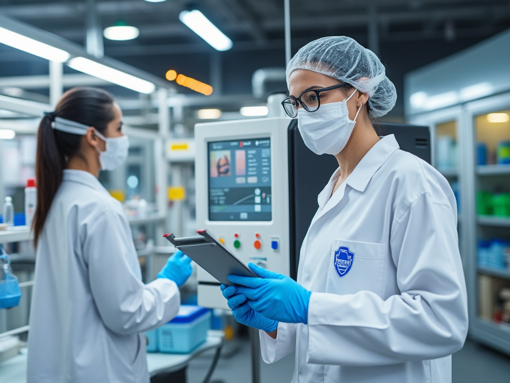 Two scientists wearing lab coats and masks, working in a modern laboratory with advanced equipment.
